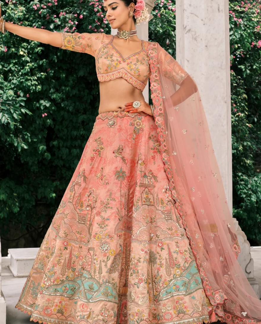 PEACHPINK - Peach Pink Fancy Silk Lehenga Choli With Cut Work Embroidery Border & Stone Work